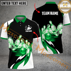 Maxcorners Ball And Pins Broken Fire Pattern Bowling Jersey Multicolor Option Customized Name, Team Name 3D Polo Shirt