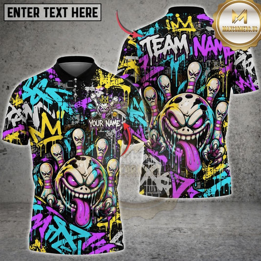 Maxcorners Bowling Cartoon Monster Skull Crown Street Art Splatter Pins Artwork Multicolor Customized Name, Team Name 3D Shirts