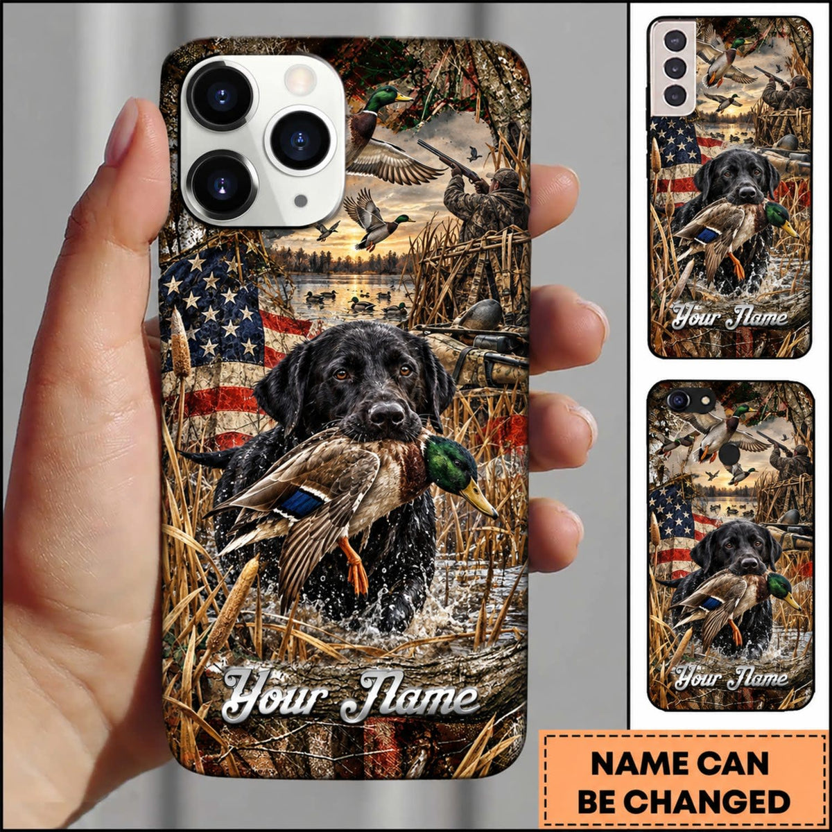Maxcorners Duck Hunting German Shorthaired Pointer American Flag Golden Forest Personalized Name 3D Phone Case - Black Labrador Retriever - Mallard