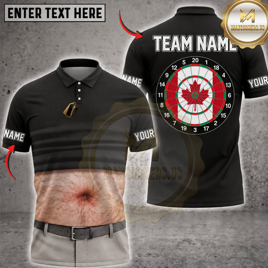 Maxcorners Darts Funny Fake Abs Black Polo Canadian Maple Leaf Dartboard Personalized Name 3D Unisex Shirt
