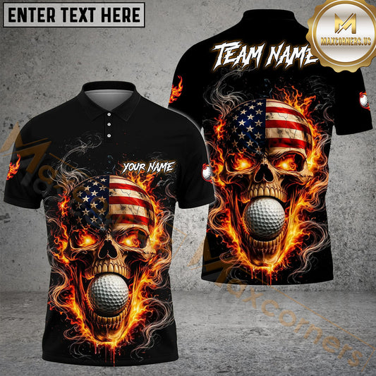 Maxcorners Patriotic Skull Fire Golf Polo Personalized Name, Team Name 3D Shirt (4 Colors)