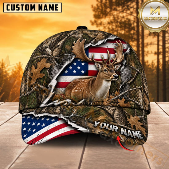 Maxcorners Hunting Wildlife Woodland Camo Ripped American Flag Personalized Name 3D Cap