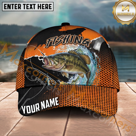 Maxcorners Fishing Orange Black Halftone Water Splash Personalized Name 3D Cap (12 Fish Species)