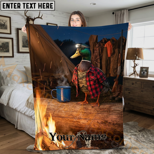 Maxcorners Funny Camping Mallard Duck Wearing Plaid Shirt by Fire Personalized 3D Blanket
