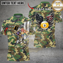 Maxcorners Billiards 9-Ball Camo American Wings Personalized Name Shirt (4 Colors)