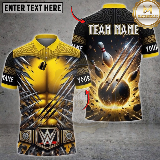 Maxcorners Bowling Yellow Black Claw Strike Personalized Name 3D Unisex Shirt