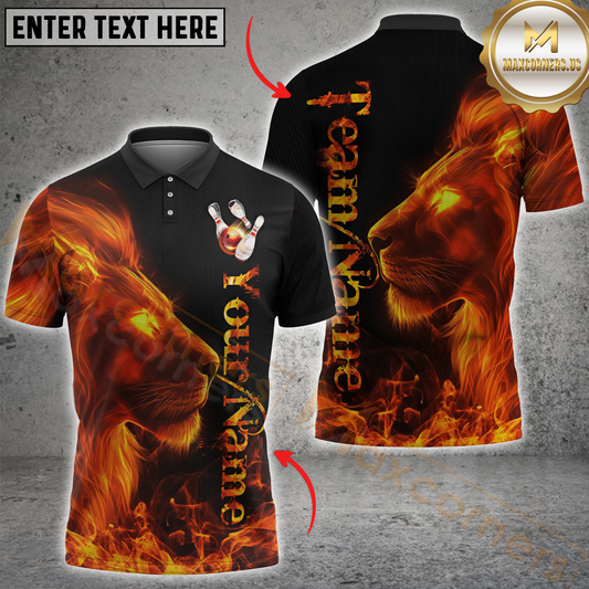 Maxcorners Bowling Lion Fire Flame Multicolor Customized Name, Team Name 3D Polo Shirt