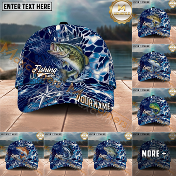 Maxcorners Fishing Blue Hexagon Compass Multi Options Personalized Name 3D Cap (11 Fish Species)