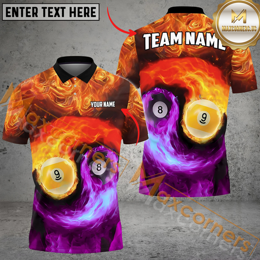 Maxcorners Billiard Ball 8 And Ball 9 Blue Red Fire Multicolor Options Personalized Name, Team Name 3D Polo Shirt (4 Colors)