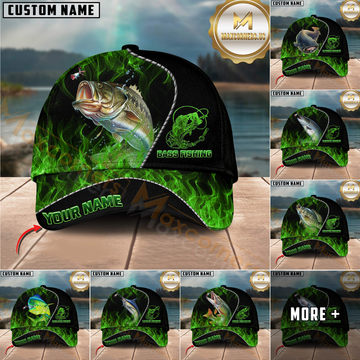 Maxcorners Fishing Angler Green Flame Custom Name Personalized Cap  (12 Fish Species)