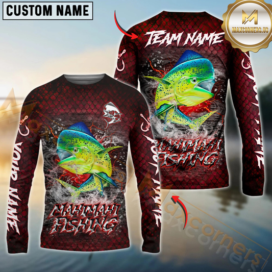 Maxcorners Fishing Red Dragon Scale Lightning Custom Name & Team Name 3D Shirts