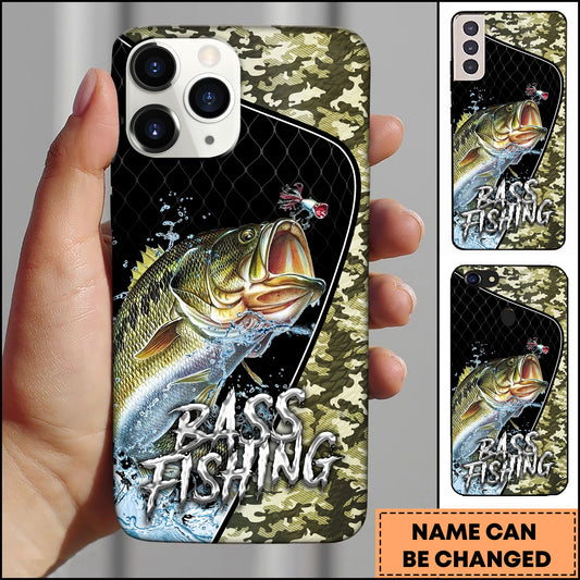 Maxcorners Bass Fishing Black Khaki Camo Personalized Name 3D Phone Case