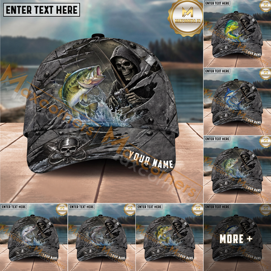 Maxcorners Fishing Reaper Cracked Steel Skull Artwork Multiple Options Personalized Name 3D Cap (12 Fish Species)