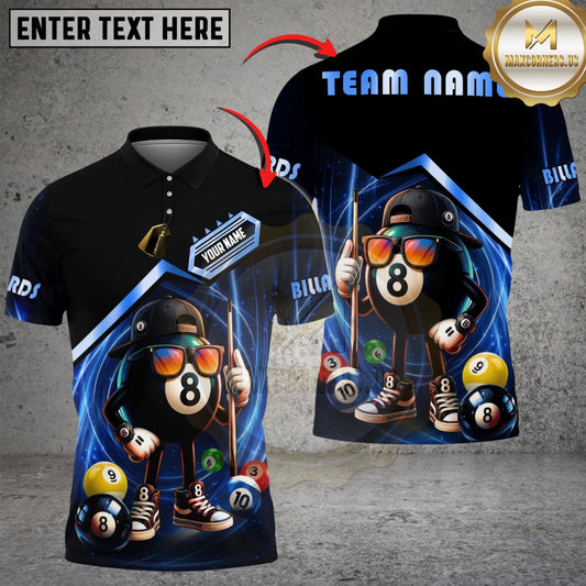 Maxcorners Billiards 8 Ball Funny Character Swirl Customized Name, Team Name 3D Shirt (6 Colors)