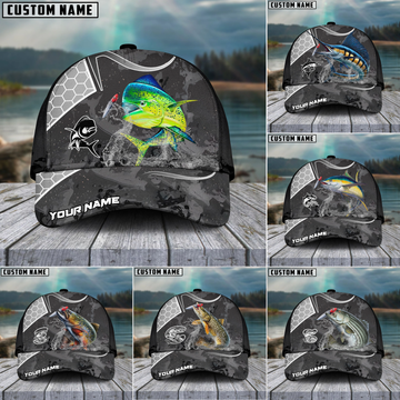 Maxcorners Fishing Gray Camo Sport Pattern Personalized Name 3D Cap (11 Breeds)