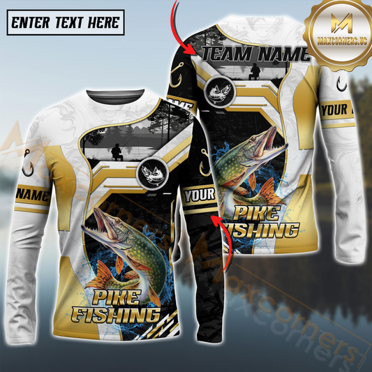 Maxcorners Angler Fishing Team Personalized Name, Team Name 3D Long Sleeve Shirt (Large Mouth Bass, Walleye, Trout, Crappie, Catfish, Pike