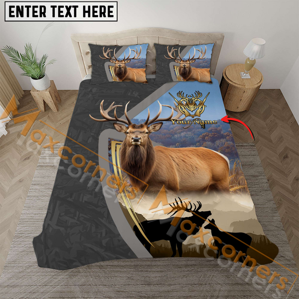 Maxcorners Custom Text Majestic Elk Hunting Grey Leather Pattern Bedding Set 3D All Over Printed