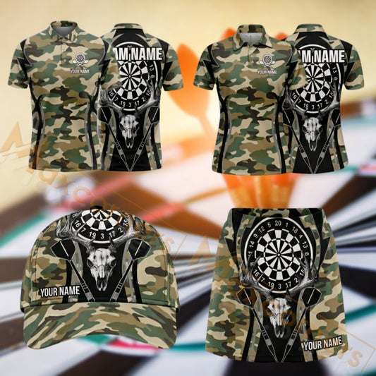 Maxcorners Darts Camouflage Skull Dartboard Design Personalized Team Sportswear Set - Polo Shirt, Cap & Skorts