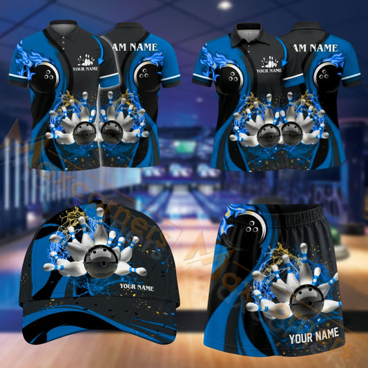Maxcorners Bowling Bowling Ball And Pins Strike Design Personalized Team Sportswear Set - Polo Shirt, Cap & Skorts