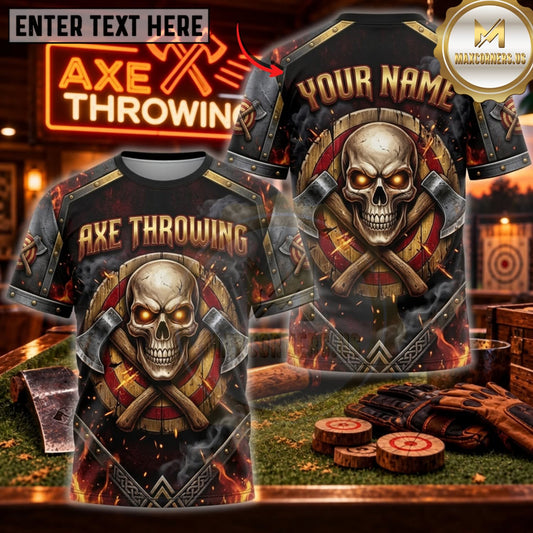 Maxcorners Axe Throwing Vintage Skull Crossed Axes Personalized Name 3D Unisex Shirt