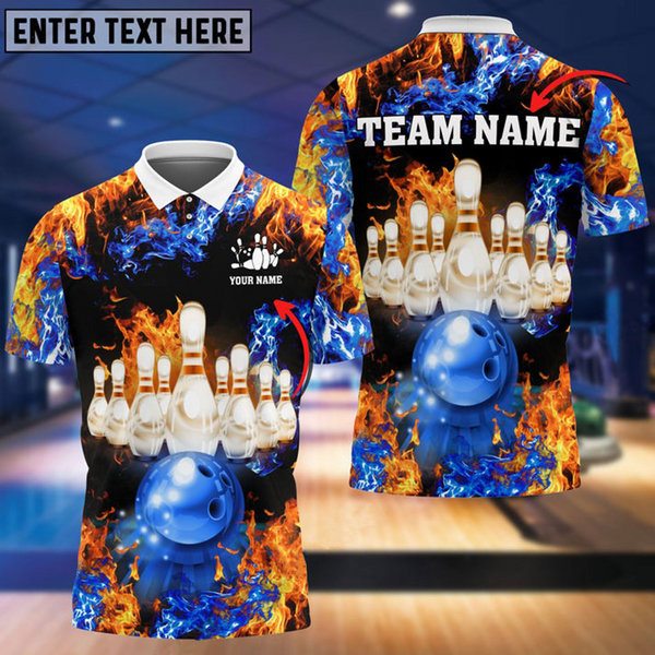 Maxcorners Red And Blue Flame Bowling and Pins Lightning Customized Name And Team Name 3D Shirt