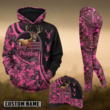 Maxcorners Hunting Whitetail Deer Pink Camo Black 3D Combo Hoodie, Legging Set & Cap