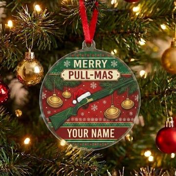 Maxcorners Personalized Merry Pull-Mas Shotgun Santa Hat Gold Clay Christmas Acrylic Christmas Ornament And Keychain Custom Gift For Hunters 2D Flat