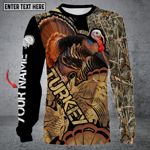 Maxcorners Wild Turkey Hunting Camo Custom Name 3D All Over Printed Long Sleeve Shirt