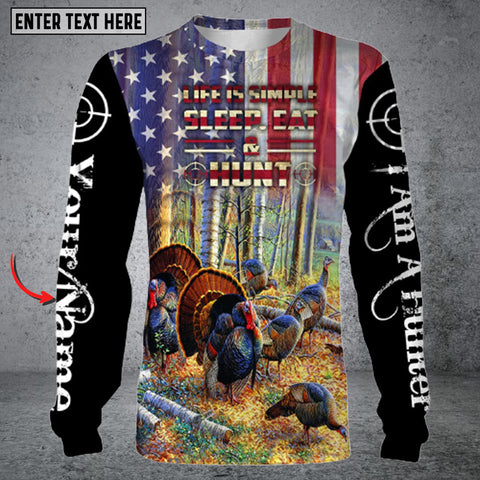 Maxcorners Turkey Hunting American Flag Custom Name 3D All Over Printed Long Sleeve Shirt