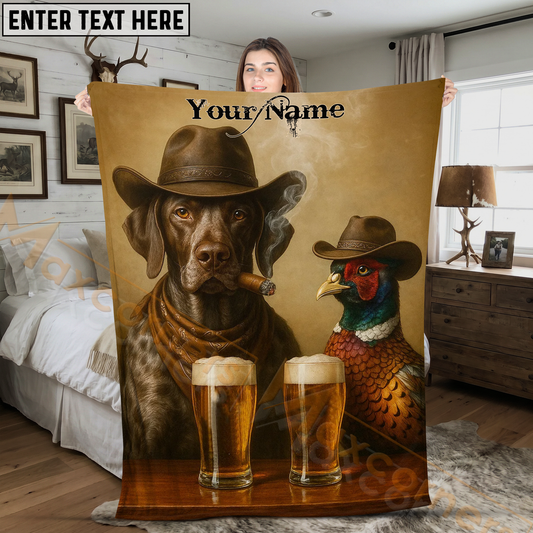 Maxcorners Hunting Shorthair Dog and Pheasant Drinking Beer Personalized 3D Blanket