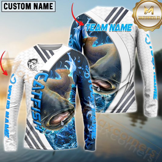 Maxcorners Fishing White Blue Lava Sun Protection Personalized Name, Team Name Long Sleeve Shirt