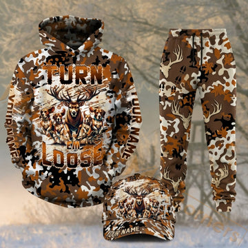 Maxcorners Hunting Turn Em Loose Deer Hunting Dogs Orange Camo Personalized 3D Combo Hoodie, Sweatpants Set & Cap