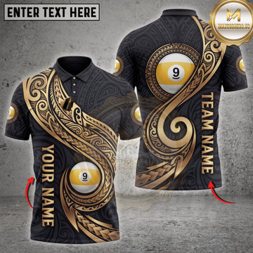 Maxcorners Billiards Black Gold Tribal Nine Ball Spiral Personalized Name 3D Unisex Shirt