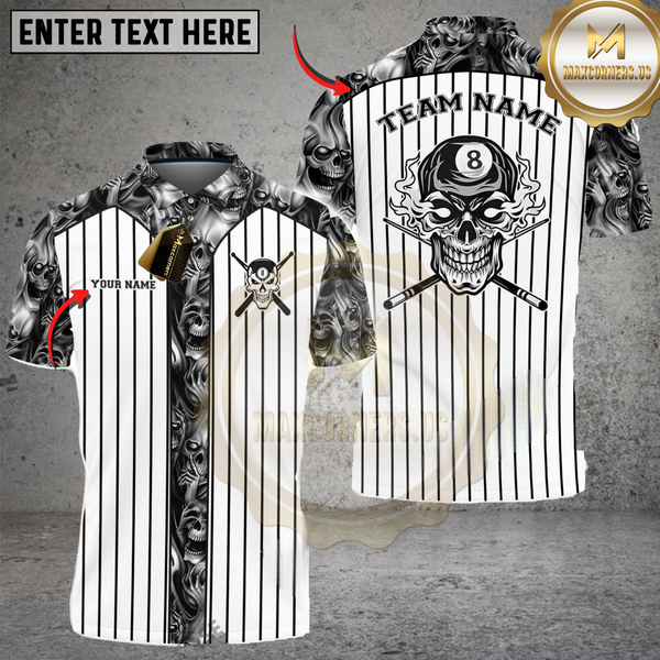 Maxcorners Billiards Skull Stripes White Black Personalized Name 3D Unisex Shirt