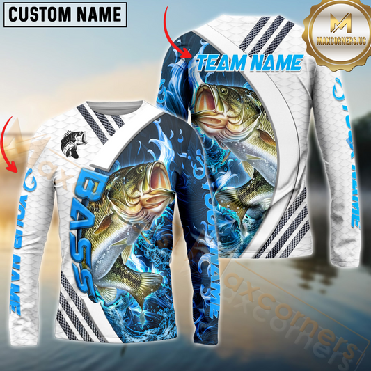 Maxcorners Fishing White Blue Lava Sun Protection Personalized Name, Team Name Long Sleeve Shirt