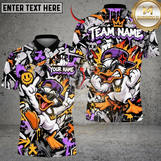 Maxcorners Bowling Hip Hop Duck Mascot Cap Chain Urban Graffiti Pins Artwork Multicolor Customized Name, Team Name 3D Shirts