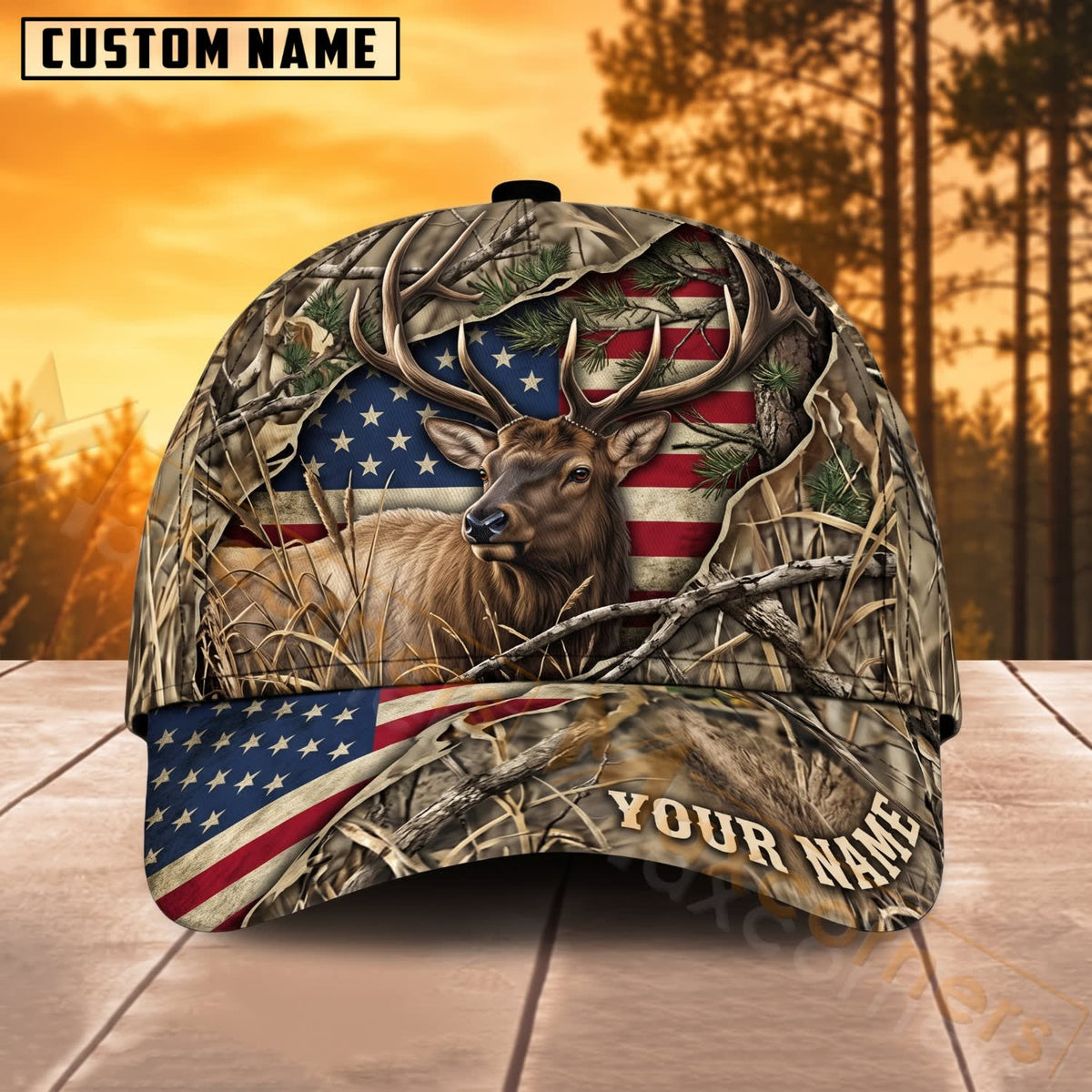 Maxcorners Deer Hunting American Flag Woodland Camo Personalized Name 3D Cap