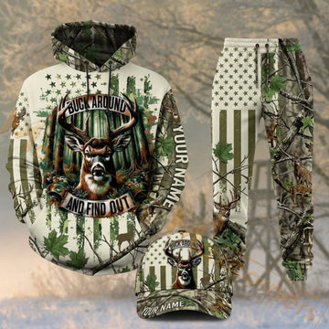 Maxcorners Hunting Deer Skull Green White Forest Camo Personalized 3D Combo Hoodie, Sweatpants Set & Cap