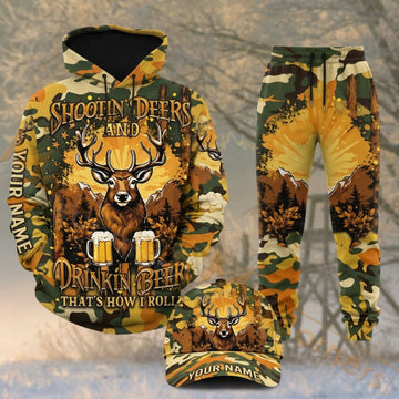 Maxcorners Hunting Shootin Deers Drinkin Beers Buck Orange Camo Personalized 3D Combo Hoodie, Sweatpants Set & Cap