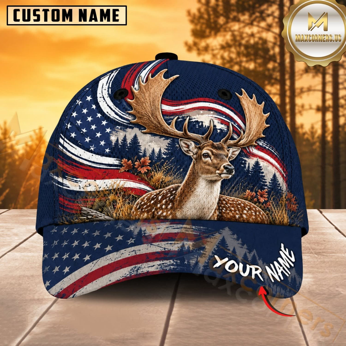 Maxcorners Hunting Wildlife Navy Blue American Flag Wave Personalized Name 3D Cap