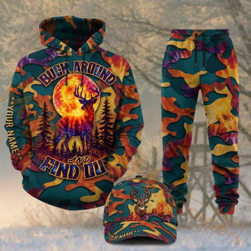 Maxcorners Hunting Deer Hunting Campfire Colorful Camo Personalized 3D Combo Hoodie, Sweatpants Set & Cap