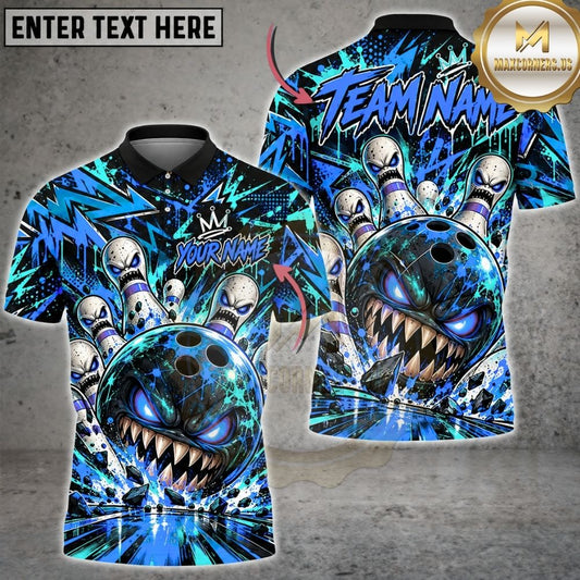 Maxcorners Bowling Evil Monster Teeth Abstract Neon Geometric Pins Strike Artwork Multicolor Customized Name, Team Name 3D Shirts