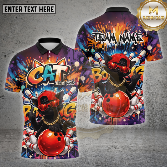 Maxcorners Cat Bowling Shirt Graffiti Street Cat Multiple Options Personalized Name, Team Name 3D Shirt