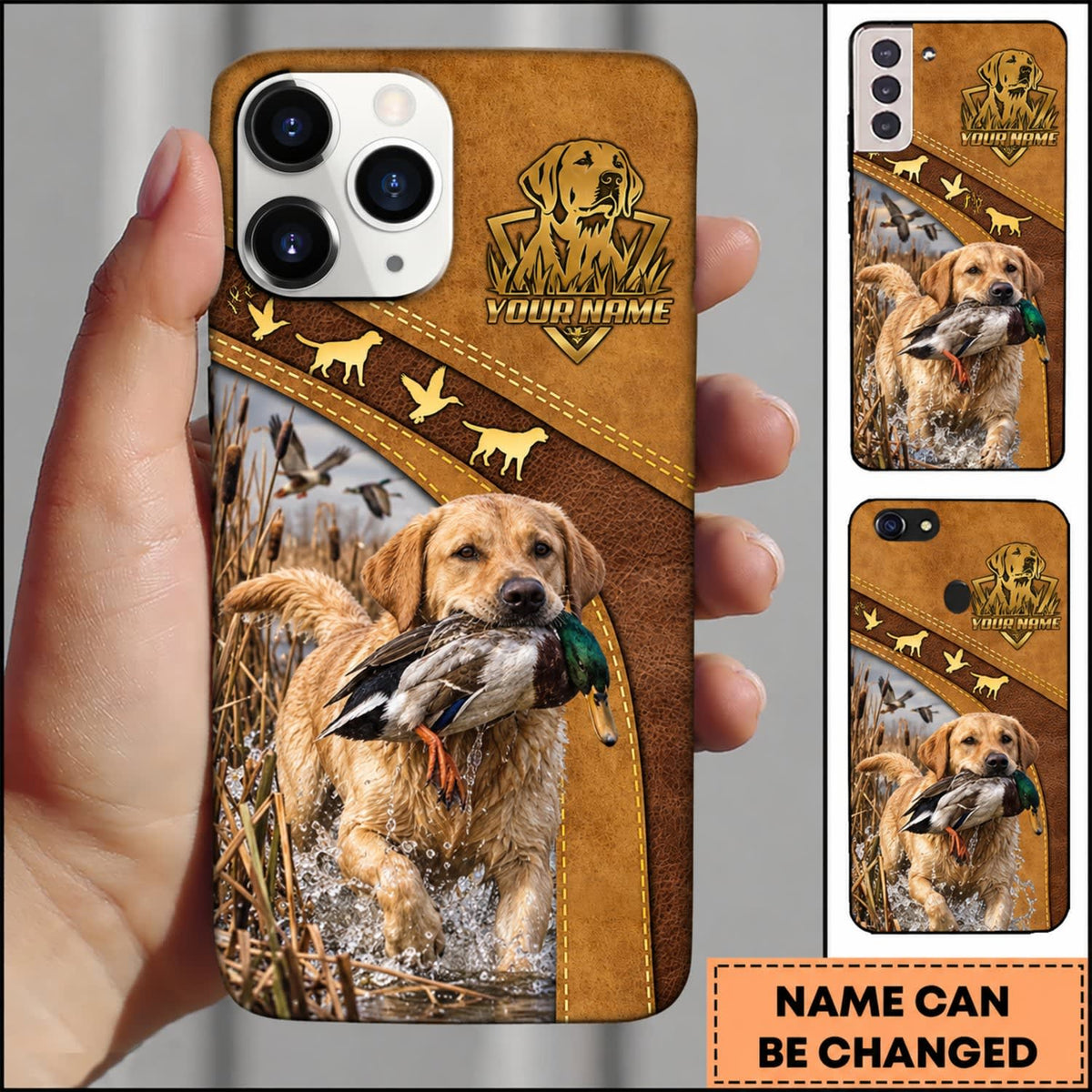 Maxcorners Duck Hunting German Wirehaired Pointer Brown Gold Hunting Badge Personalized Name 3D Phone Case - Yellow Labrador Retriever