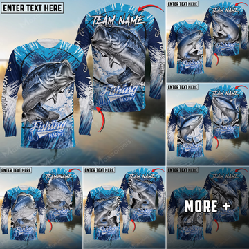 Maxcorners Fishing Blue Jersey Sport Pattern Sun Protection Personalized Name Team Name 3D Shirts (6 Fish Species)