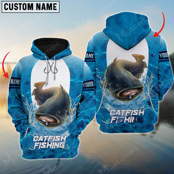 Maxcorners Catfish Fishing Blue Wave Personalized Name, Team Name 3D Long Sleeve Shirt