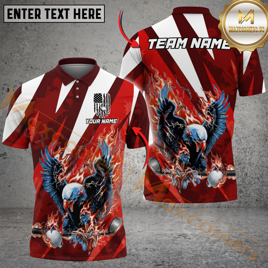 Maxcorners Flame Strike Eagle Golf Polo Personalized Name, Team Name 3D Shirt (4 Colors)