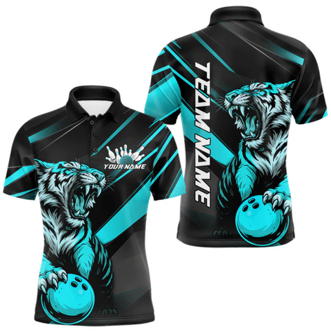 Maxcorners Personalized Tiger Bowling Team Men Polo Shirts, Black And Blue Tiger Bowling Jerseys LM054