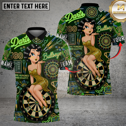 Maxcorners Darts Pin Up Girl Neon Bullseye Art Multicolor Options Personalized Name, Team Name 3D Shirt (4 Colors)