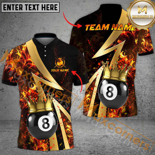 Maxcorners Ball 8 King Crown Smoke Billiard Jersey Multicolor Options Personalized Name, Team Name 3D Polo Shirt (4 Colors)